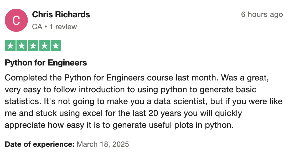 Trustpilot review from Chris for Python Bootcamp - Highly Recommended
