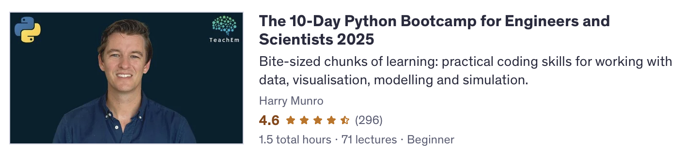 Screenshot of Udemy Reviews for Python Bootcamp showing 4.6/5 stars from 300+ reviews and 8000+ students